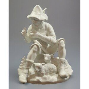 Vintage Handarbeit Germany Large Sculpture Shepherd With Two Lambs 10" Tall